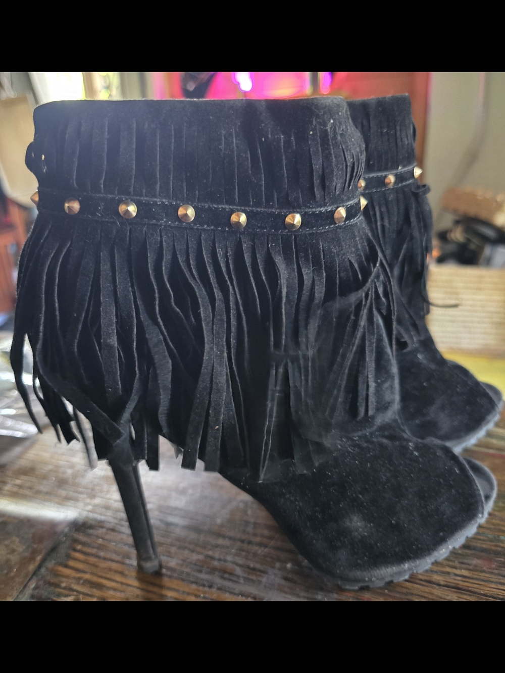 Black Fringe Suede High-Heel Ankle Boots